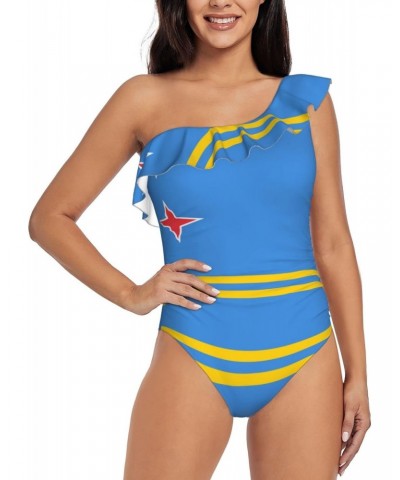 Women's Aruba Flag One Piece Swimsuit One Shoulder Ruffle Monokinis Bathing Suit $13.19 Swimsuits