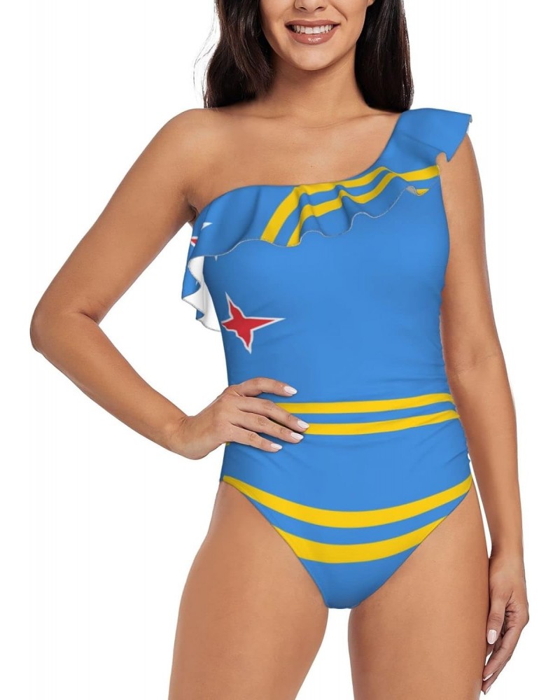 Women's Aruba Flag One Piece Swimsuit One Shoulder Ruffle Monokinis Bathing Suit $13.19 Swimsuits