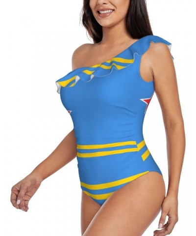 Women's Aruba Flag One Piece Swimsuit One Shoulder Ruffle Monokinis Bathing Suit $13.19 Swimsuits