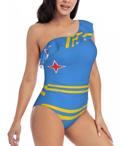 Women's Aruba Flag One Piece Swimsuit One Shoulder Ruffle Monokinis Bathing Suit $13.19 Swimsuits