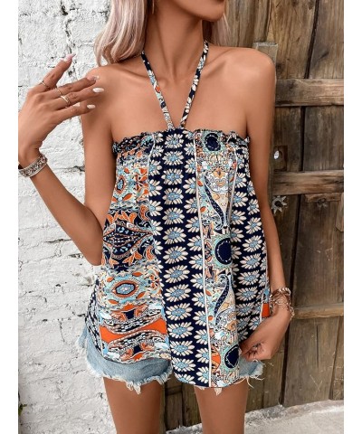 Women's Boho Floral Print Backless Halter Top Summer Sleeveless Cami Tank Tops Multicolor $14.24 Tanks