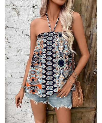 Women's Boho Floral Print Backless Halter Top Summer Sleeveless Cami Tank Tops Multicolor $14.24 Tanks