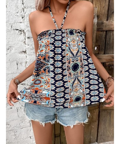 Women's Boho Floral Print Backless Halter Top Summer Sleeveless Cami Tank Tops Multicolor $14.24 Tanks