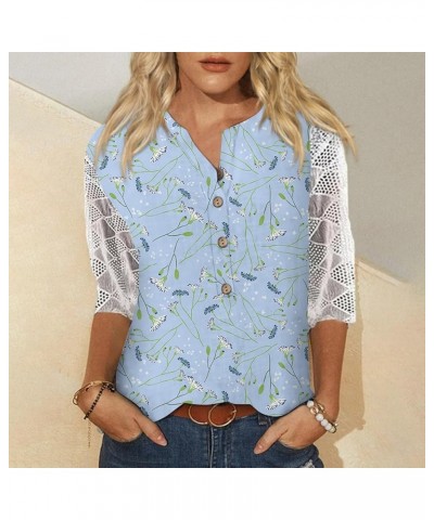 Summer Tops for Women 3/4 Lace Sleeve Casual Floral Print Blouse V-Neck Plus Size Shirt Fashion Pullover Tunic Tops 01-sky Bl...