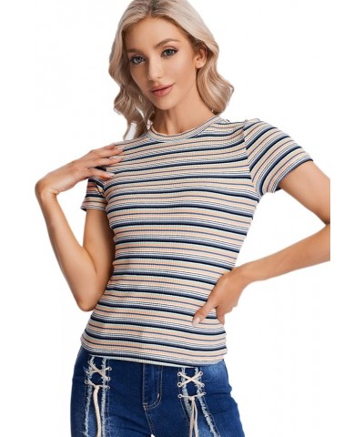 Women's Casual Multi Striped Ribbed Short Sleeve Solid Tee Knit Top White Yellow Blue $10.56 T-Shirts