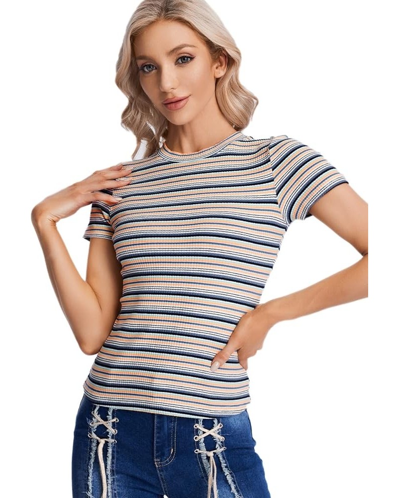 Women's Casual Multi Striped Ribbed Short Sleeve Solid Tee Knit Top White Yellow Blue $10.56 T-Shirts