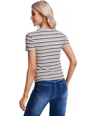 Women's Casual Multi Striped Ribbed Short Sleeve Solid Tee Knit Top White Yellow Blue $10.56 T-Shirts