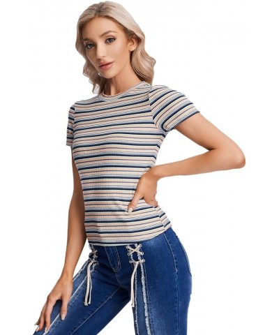 Women's Casual Multi Striped Ribbed Short Sleeve Solid Tee Knit Top White Yellow Blue $10.56 T-Shirts