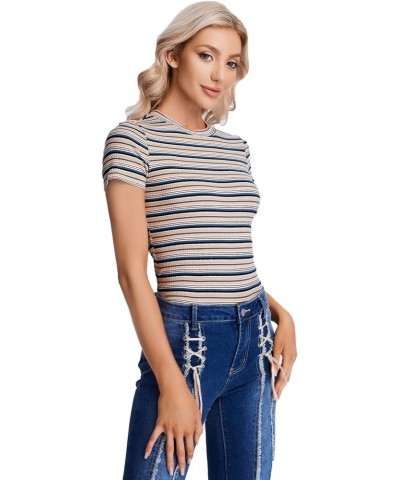 Women's Casual Multi Striped Ribbed Short Sleeve Solid Tee Knit Top White Yellow Blue $10.56 T-Shirts