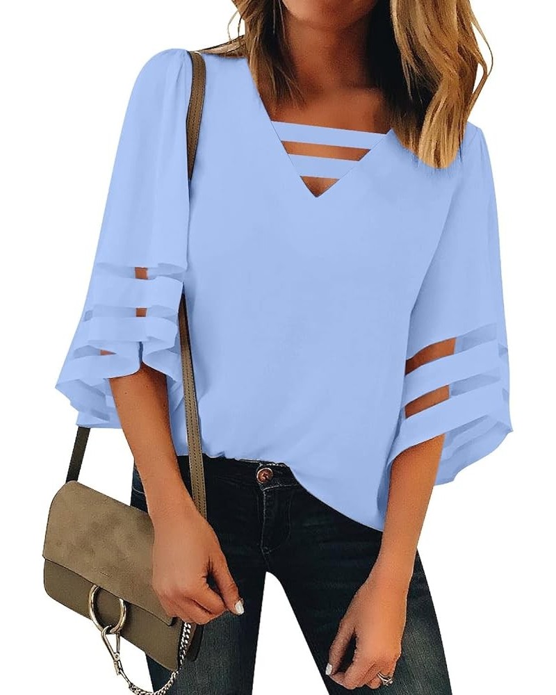 Tops for Women Trendy 2024 Dressy Casual V Neck Mesh Panel Blouse 3/4 Bell Sleeve Shirt Hydrangea Purple Blue $13.20 Blouses