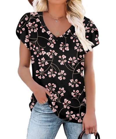 Womens Tops Summer T Shirts Casual V Neck Petal Sleeve Blouses Shirt Flower Gypsophila Black $11.50 T-Shirts