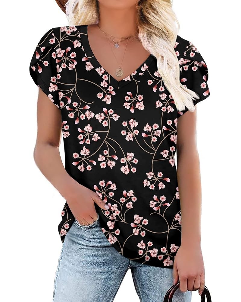 Womens Tops Summer T Shirts Casual V Neck Petal Sleeve Blouses Shirt Flower Gypsophila Black $11.50 T-Shirts