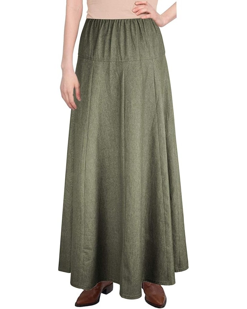 Womens Basic Ultra Soft Lightweight Denim Fit and Flare A-Line Ankle Length Maxi Skirt Olive Green $25.91 Skirts