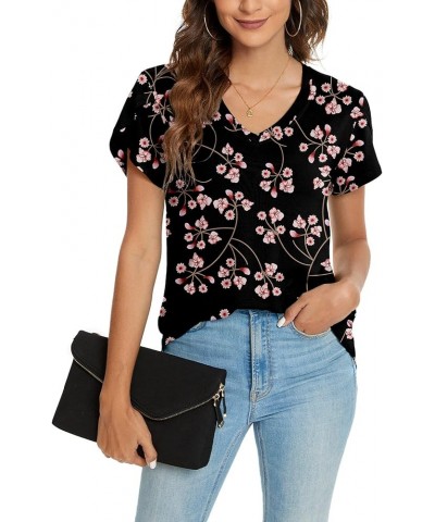 Womens Tops Summer T Shirts Casual V Neck Petal Sleeve Blouses Shirt Flower Gypsophila Black $11.50 T-Shirts