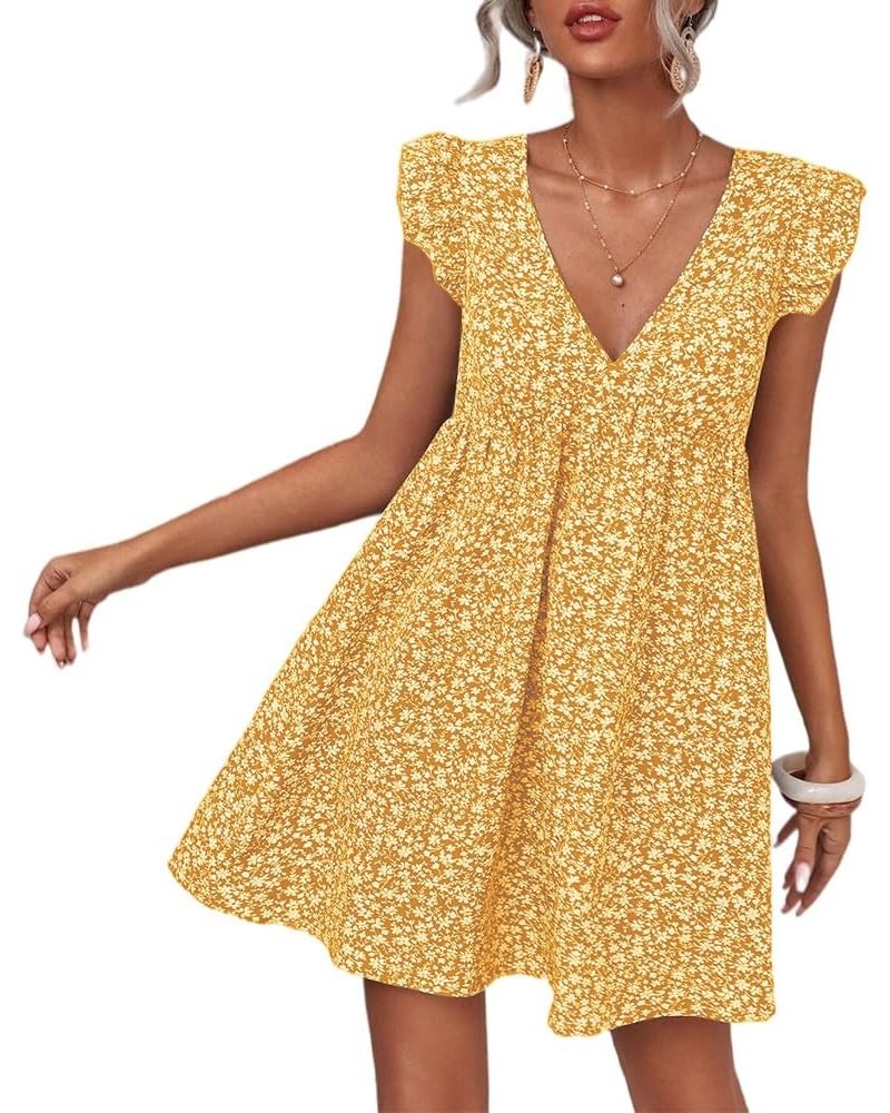 Women's Summer Dresses Casual V Neck Sleeveless Boho Floral Ruffle Beach Dress Yellow $15.54 Dresses