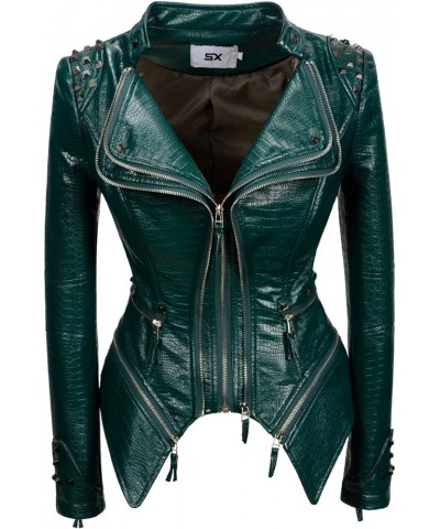 Women's alligator print PU leather coat perfectly shaped artificial leather bicycle jacket Green $35.50 Coats