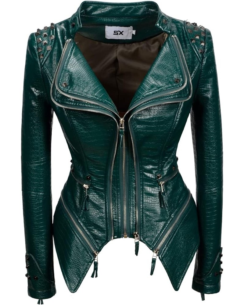 Women's alligator print PU leather coat perfectly shaped artificial leather bicycle jacket Green $35.50 Coats