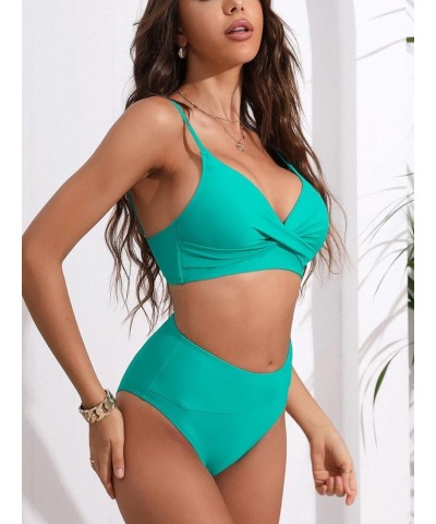 Women's Bikini Sets Two Piece Swimsuit High Waisted V Neck Twist Front Adjustable Spaghetti Straps Bathing Suit Turquoise $22...