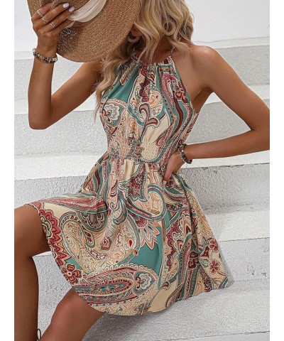 Women's Paisley Print Boho Shirred Dress Sleeveless High Waist Flared Cami Dress Multicolor $19.23 Dresses