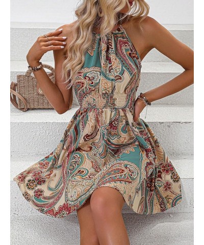 Women's Paisley Print Boho Shirred Dress Sleeveless High Waist Flared Cami Dress Multicolor $19.23 Dresses