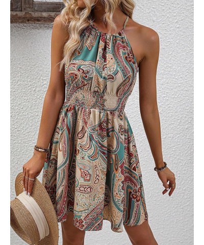 Women's Paisley Print Boho Shirred Dress Sleeveless High Waist Flared Cami Dress Multicolor $19.23 Dresses