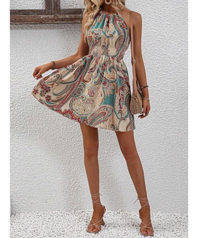 Women's Paisley Print Boho Shirred Dress Sleeveless High Waist Flared Cami Dress Multicolor $19.23 Dresses