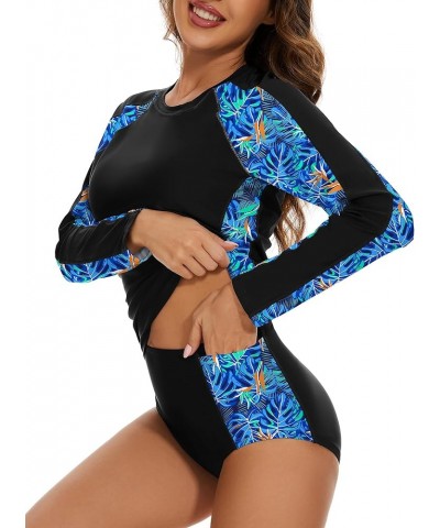 Women's Two Piece Rash Guard Long Sleeve UPF 50+ Swimsuit Built in Bra Swim Shirt with Swim Bottoms with Pockets Black & Blue...