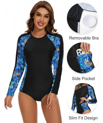 Women's Two Piece Rash Guard Long Sleeve UPF 50+ Swimsuit Built in Bra Swim Shirt with Swim Bottoms with Pockets Black & Blue...