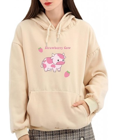 Women's Cartoon Cute Strawberry Cow Print Hoodie Aesthetic Clothes Cotton Long Sleeve Pullover with Pocket Apricot $16.82 Hoo...