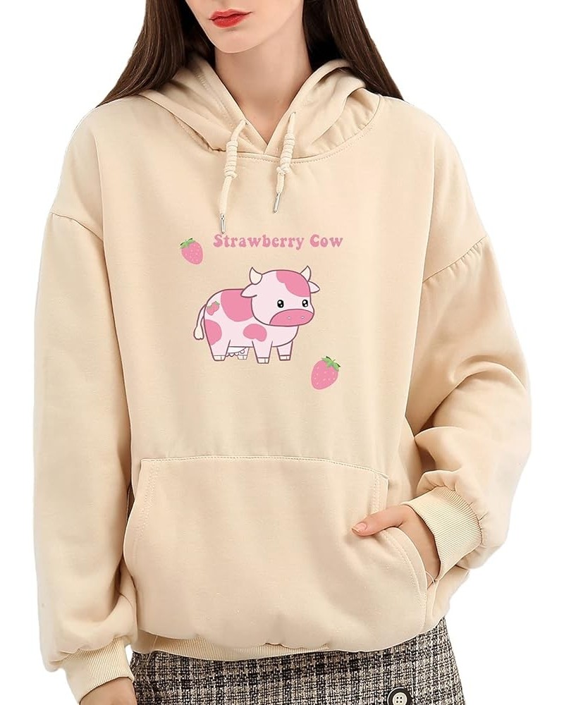 Women's Cartoon Cute Strawberry Cow Print Hoodie Aesthetic Clothes Cotton Long Sleeve Pullover with Pocket Apricot $16.82 Hoo...