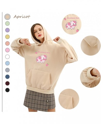 Women's Cartoon Cute Strawberry Cow Print Hoodie Aesthetic Clothes Cotton Long Sleeve Pullover with Pocket Apricot $16.82 Hoo...