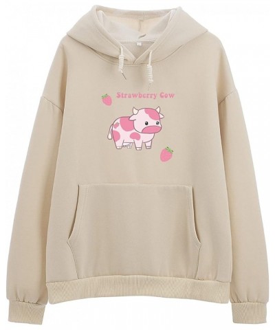 Women's Cartoon Cute Strawberry Cow Print Hoodie Aesthetic Clothes Cotton Long Sleeve Pullover with Pocket Apricot $16.82 Hoo...