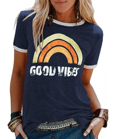 Womens Rainbow Graphic T-Shirt Summer Short Sleeve Crew Neck Blouse Funny Inspirational Tops Navy Blue $13.67 T-Shirts