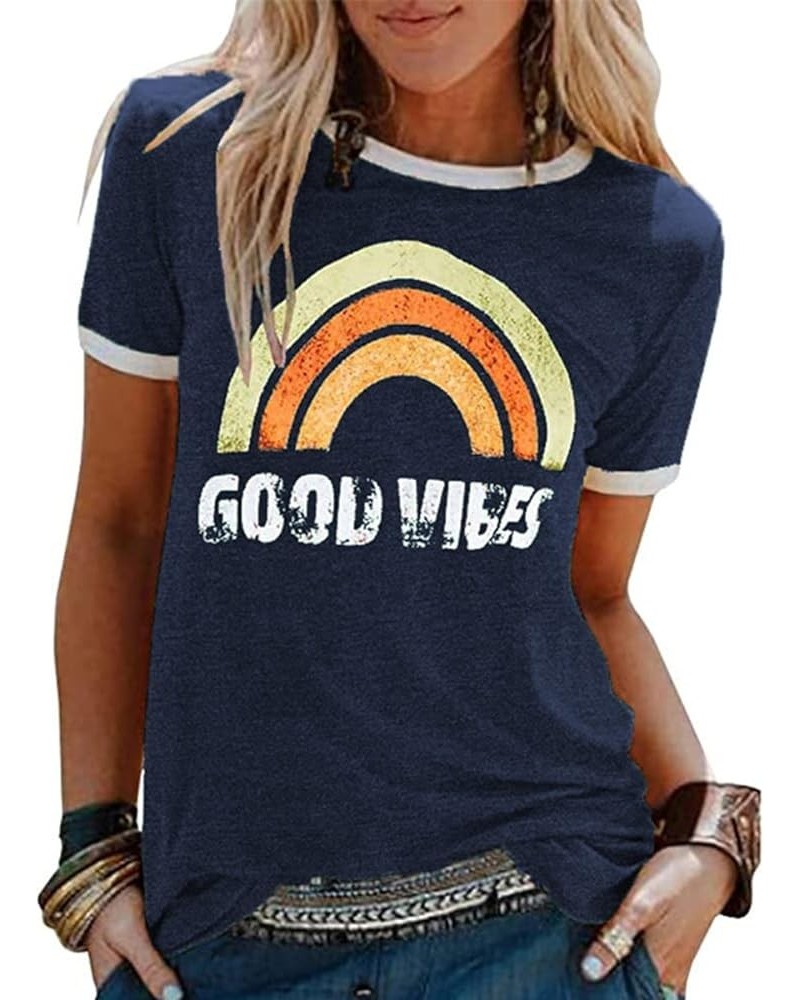 Womens Rainbow Graphic T-Shirt Summer Short Sleeve Crew Neck Blouse Funny Inspirational Tops Navy Blue $13.67 T-Shirts