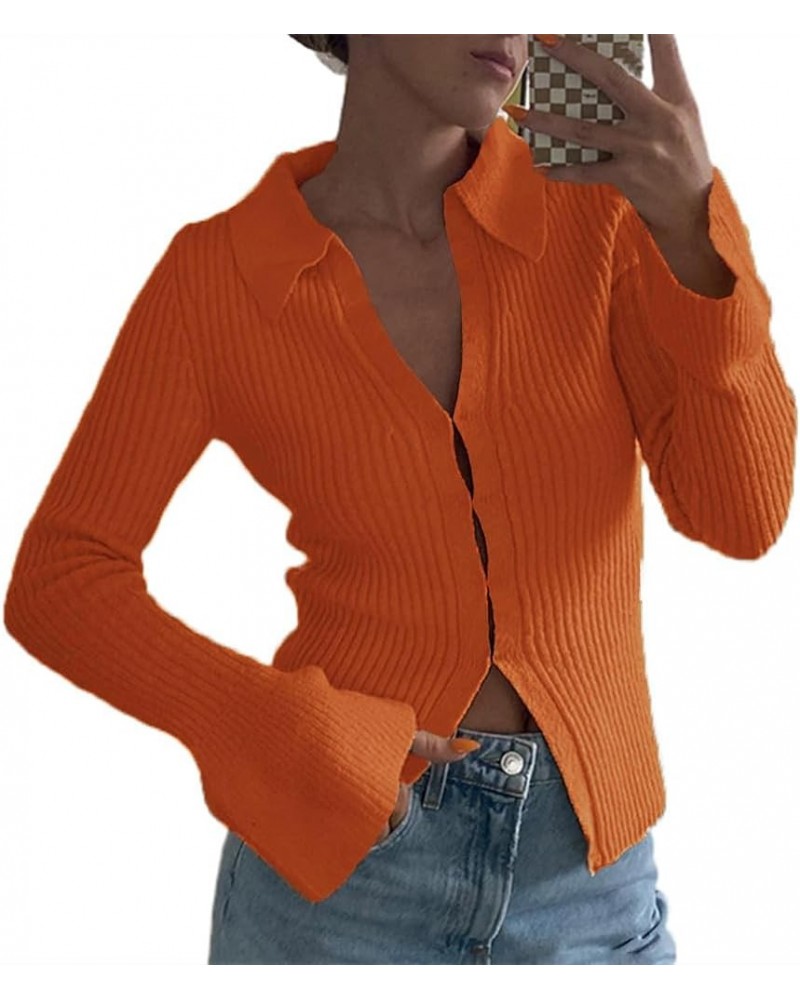 Sexy Lapel Collar V Neck Sweater for Women Bell Long Sleeve Lightweight Knit Slim Fitted Fall Sweater Cardigan 05-orange $14....