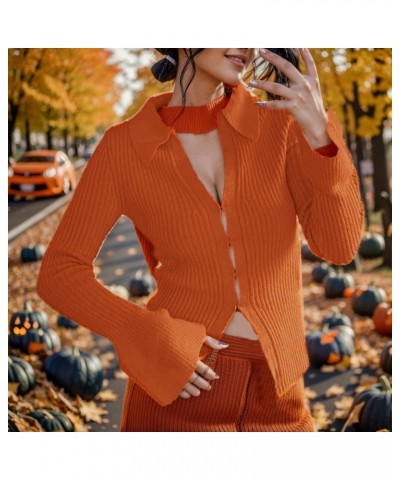 Sexy Lapel Collar V Neck Sweater for Women Bell Long Sleeve Lightweight Knit Slim Fitted Fall Sweater Cardigan 05-orange $14....