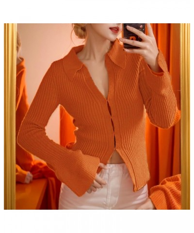 Sexy Lapel Collar V Neck Sweater for Women Bell Long Sleeve Lightweight Knit Slim Fitted Fall Sweater Cardigan 05-orange $14....