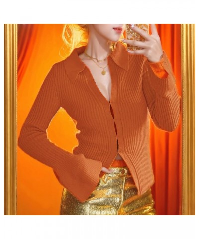 Sexy Lapel Collar V Neck Sweater for Women Bell Long Sleeve Lightweight Knit Slim Fitted Fall Sweater Cardigan 05-orange $14....