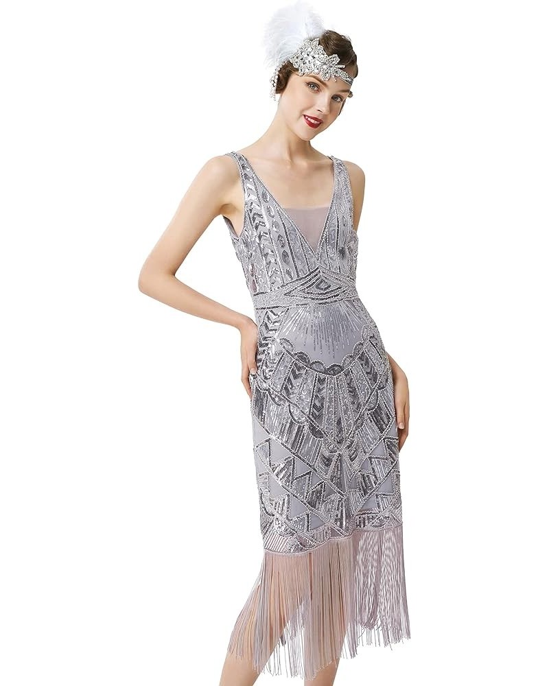 Women's Flapper Dresses 1920s V Neck Vintage Gatsby Party Dress Art Deco Dress Gray $20.16 Dresses