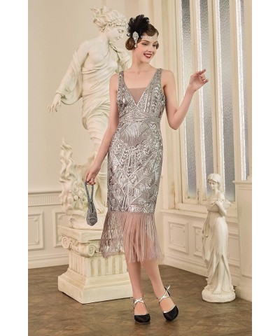 Women's Flapper Dresses 1920s V Neck Vintage Gatsby Party Dress Art Deco Dress Gray $20.16 Dresses