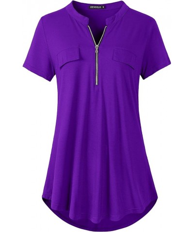 Women's Shirt Zip Plaid V Neck Short Sleeve Casual Summer Tunic Tops Deep Purple $13.16 Tops