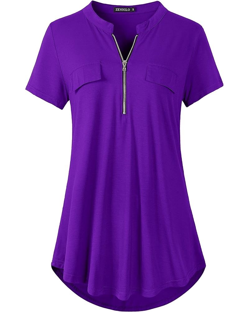 Women's Shirt Zip Plaid V Neck Short Sleeve Casual Summer Tunic Tops Deep Purple $13.16 Tops