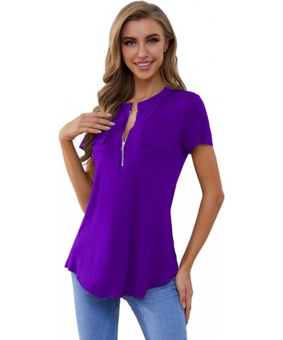 Women's Shirt Zip Plaid V Neck Short Sleeve Casual Summer Tunic Tops Deep Purple $13.16 Tops