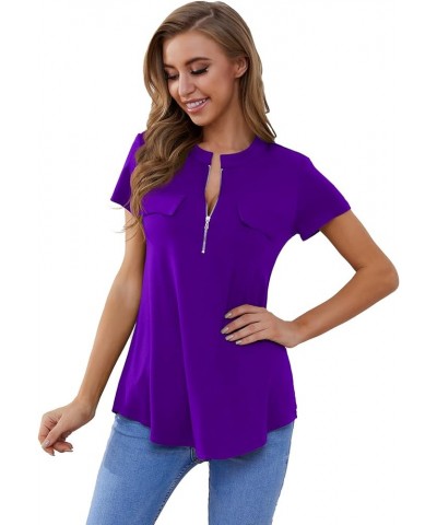 Women's Shirt Zip Plaid V Neck Short Sleeve Casual Summer Tunic Tops Deep Purple $13.16 Tops