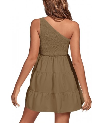 Women's One Shoulder Smocked Shirred Tiered Ruffle Sleeveless A-Line Mini Dress Khaki $18.48 Dresses