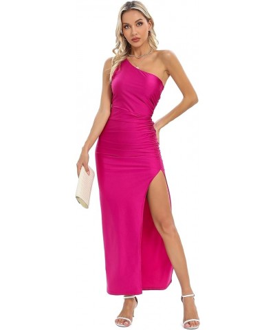 Women One Off Shoulder Cocktail Dress High Waist Ruched Sexy Split Thigh Maxi Dress Evening Party Dress 281 Purplish Red $23....