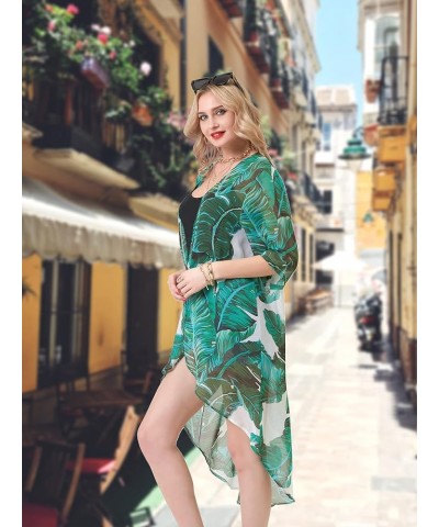 Soul Young Women's Floral Kimono Cardigan Swimsuit Beach Cover up with Open Front Dress Beachwear for Summer Green Leaf $11.4...