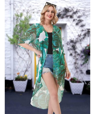 Soul Young Women's Floral Kimono Cardigan Swimsuit Beach Cover up with Open Front Dress Beachwear for Summer Green Leaf $11.4...