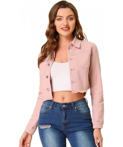 Women's Jean Jacket Frayed Button Up Washed Cropped Denim Jacket Pink $21.16 Jackets