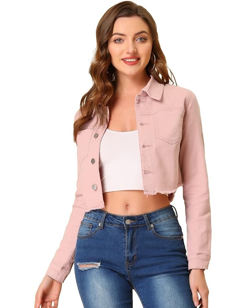 Women's Jean Jacket Frayed Button Up Washed Cropped Denim Jacket Pink $21.16 Jackets